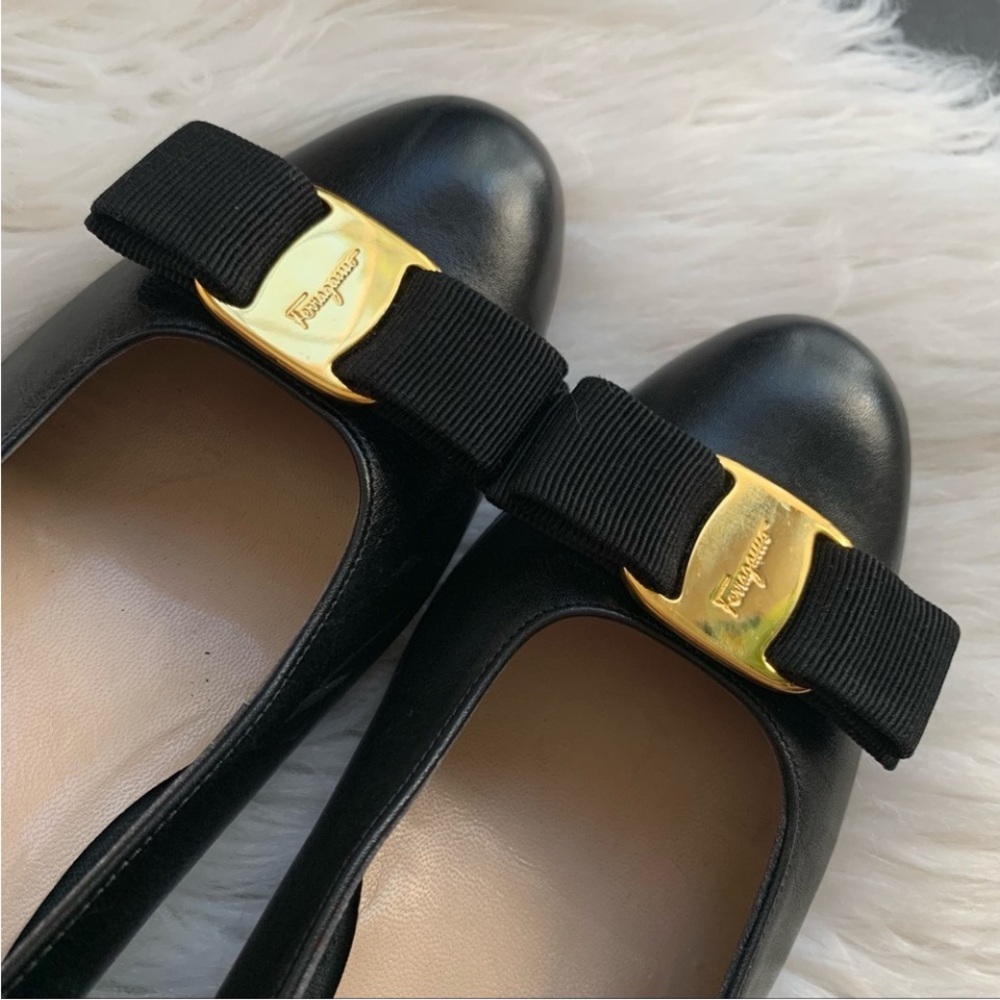 Salvatore Ferragamo Black Leather Flats with Gold Buckle( pre-loved )